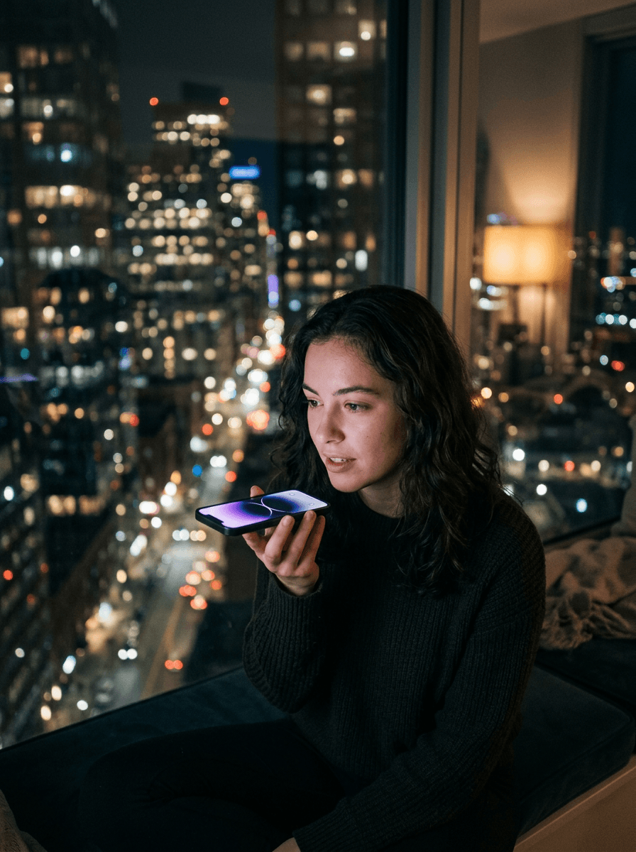 Jovem conversando com uma assistente de inteligência artificial no celular, à noite