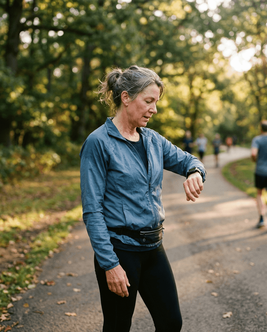 Mulher olhando o relógio inteligente no pulso depois de uma corrida no parque
