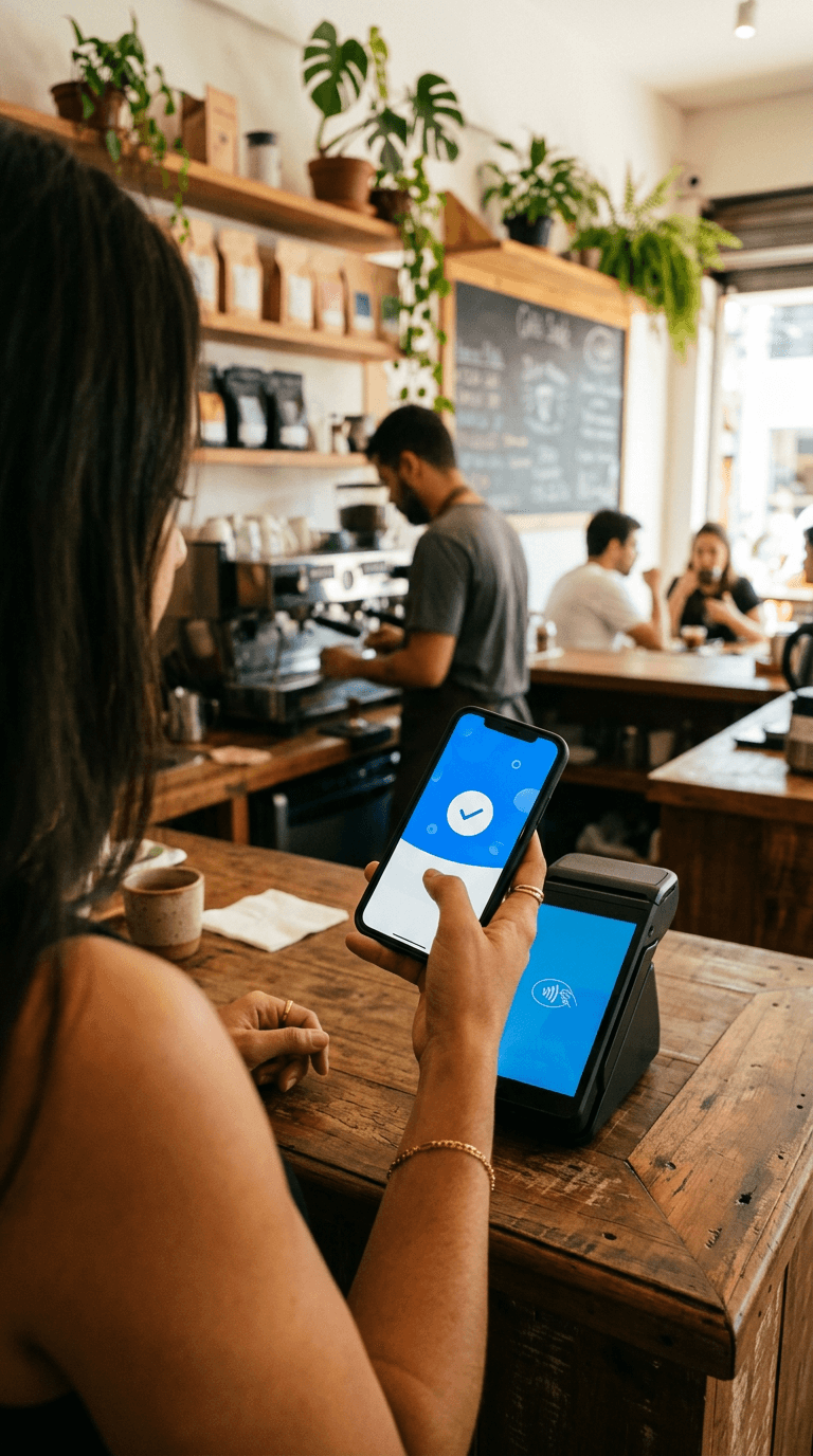 Mão aproximando o celular de uma maquininha de cartão em uma cafeteria