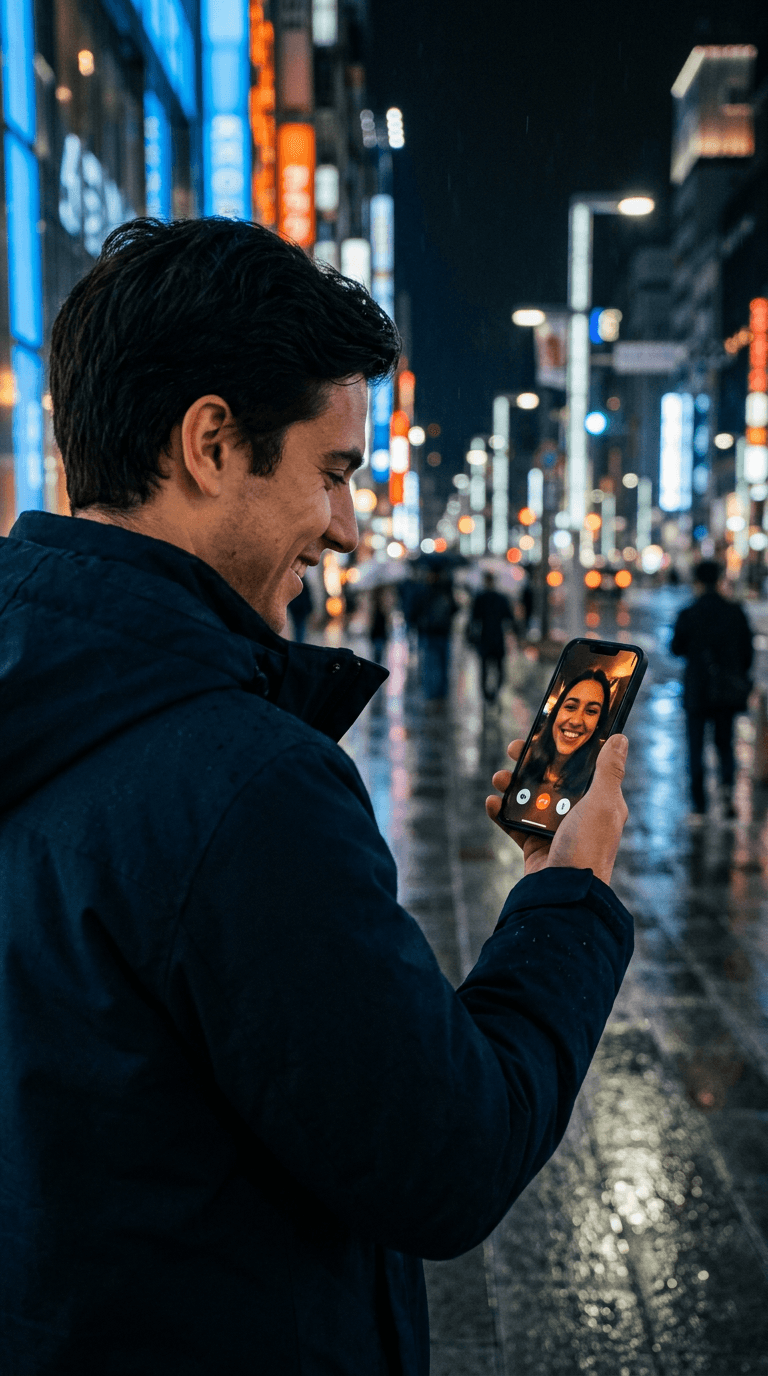 Jovem em uma chamada de vídeo pelo celular na cidade à noite
