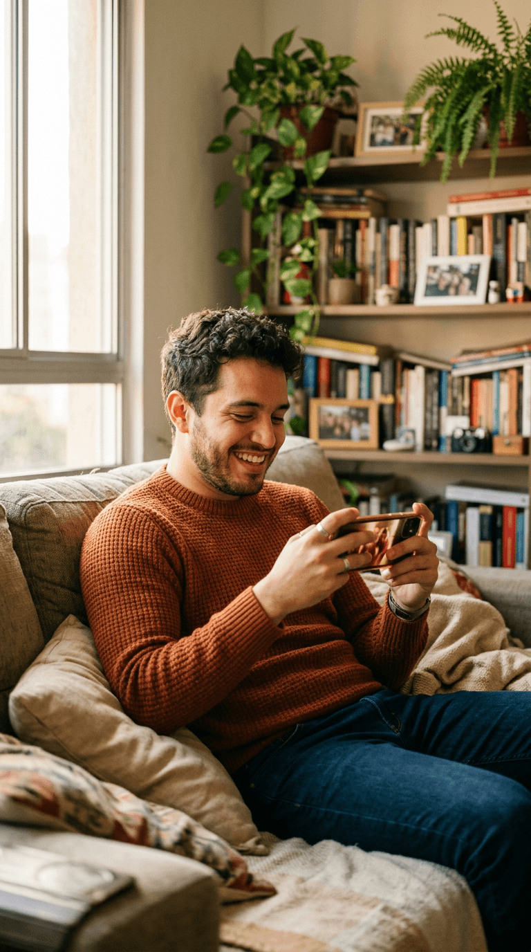 Homem sorrindo enquanto assiste a vídeos no celular no sofá da sala de casa