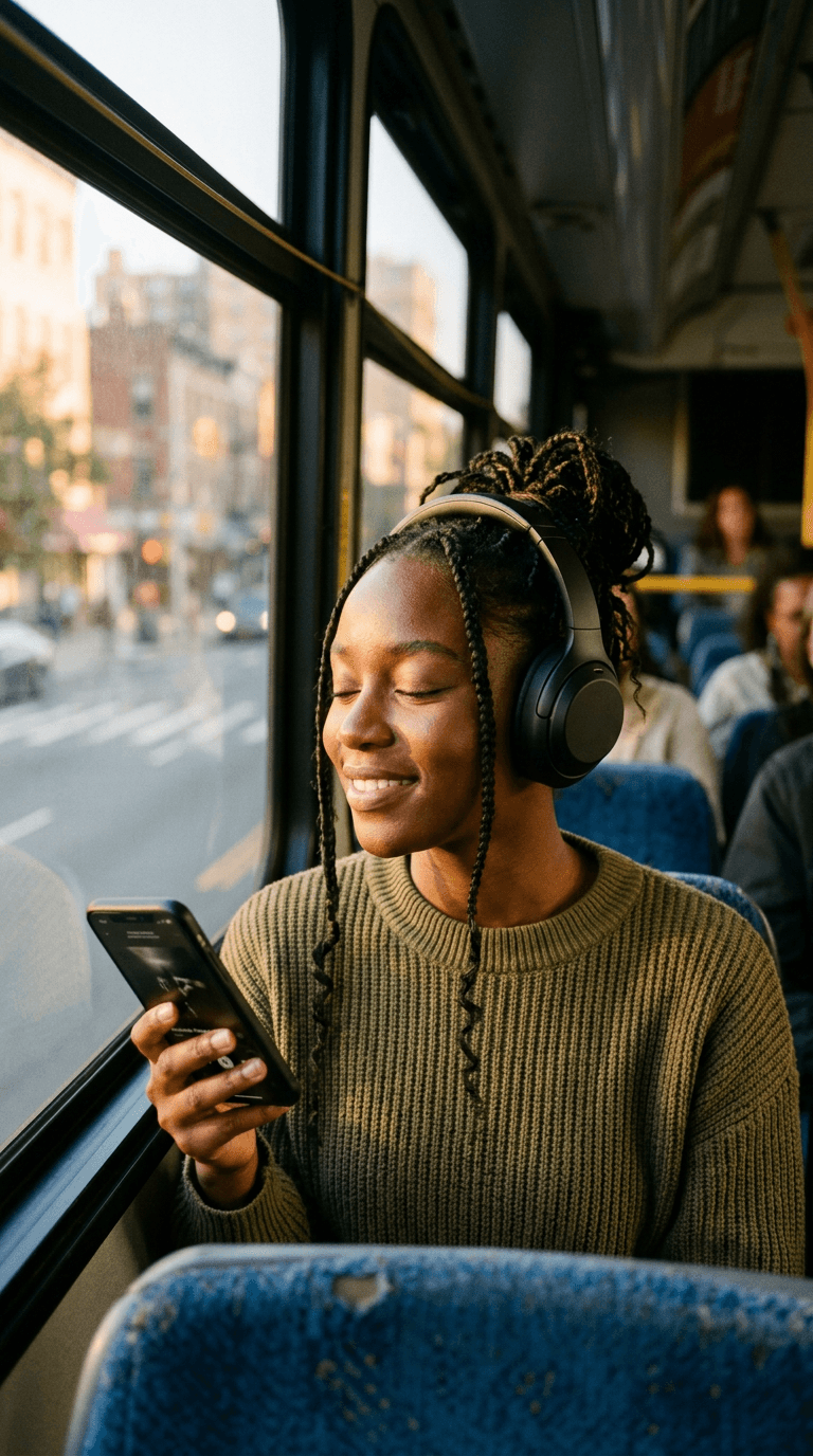 Jovem ouvindo música com fones de ouvido e celular na mão durante uma viagem de ônibus