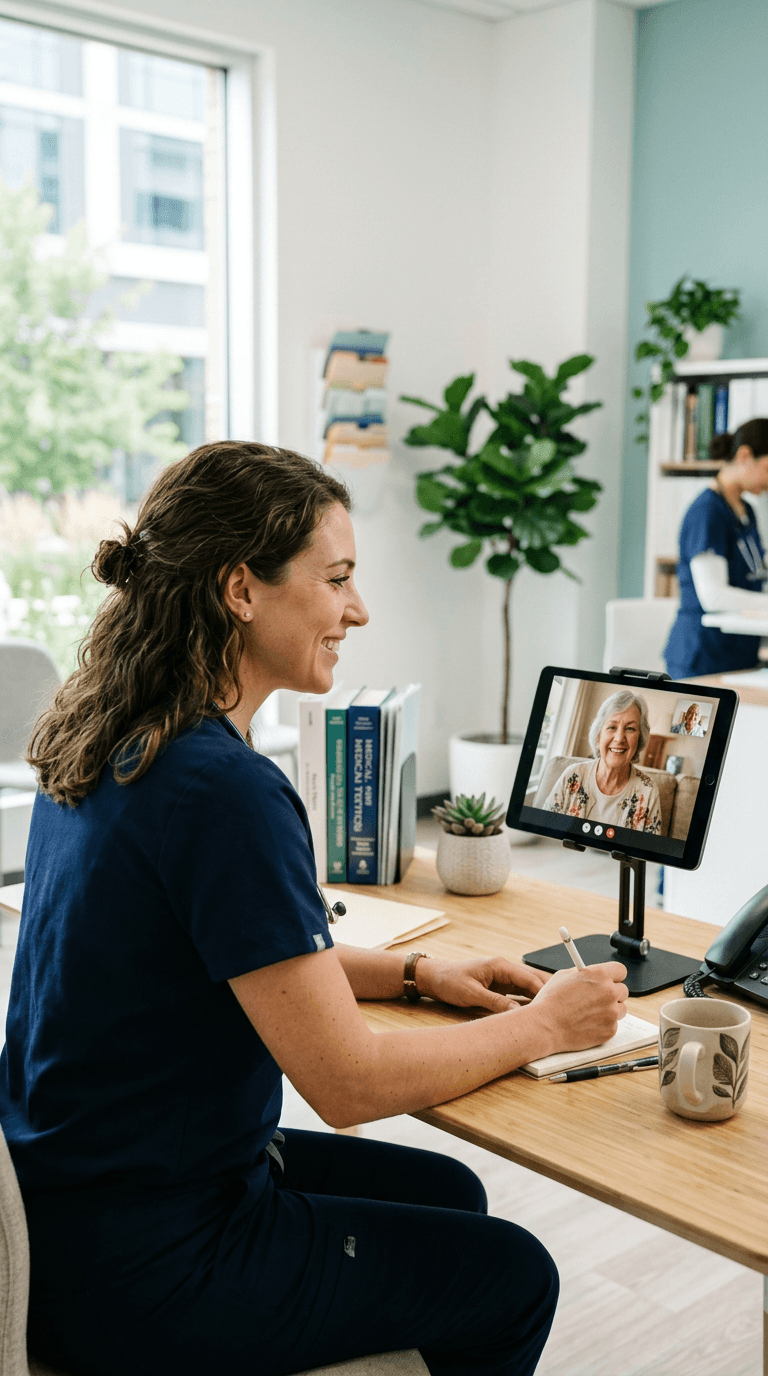 Médica sorrindo durante uma teleconsulta em um tablet